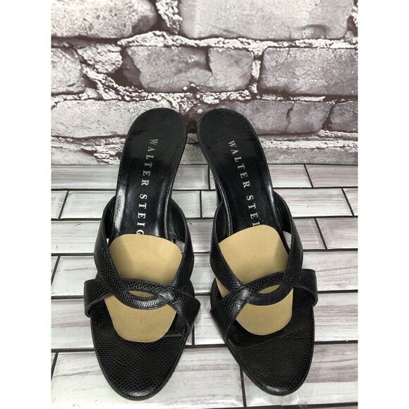 Walter Steiger Black Leather Python Print Heel Sandals Women’s Sz 8.5B US/39EU - Picture 2 of 16